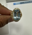 14KT YELLOW GOLD AQUAMARINE DIAMOND HALO SPLIT SHANK RING