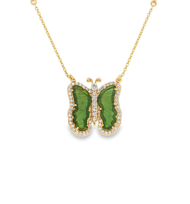 14KT YELLOW GOLD WATERMELON TOURMALINE AND DIAMONDS BUTTERFLY NECKLACE