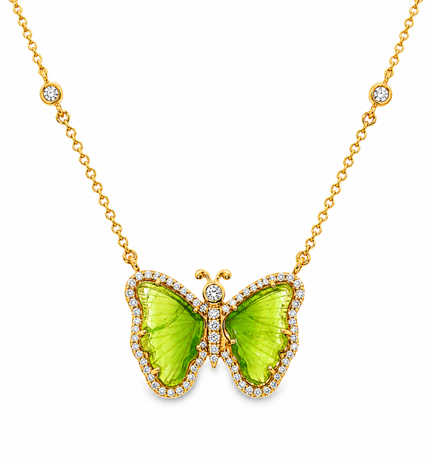 14KT YELLOW GOLD WATERMELON TOURMALINE AND DIAMONDS BUTTERFLY NECKLACE