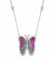 14KT WHITE GOLD WATERMELON TOURMALINE AND DIAMONDS BUTTERFLY NECKLACE
