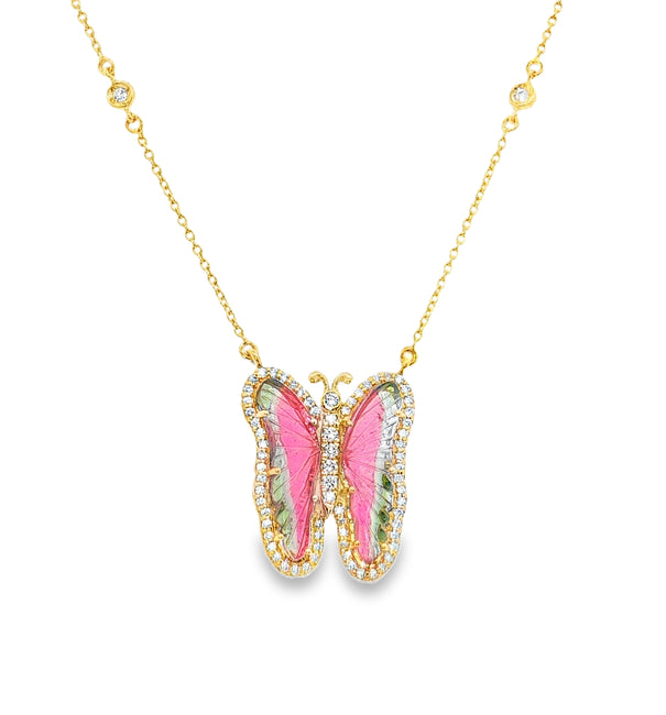 14KT YELLOW GOLD WATERMELON TOURMALINE AND DIAMONDS BUTTERFLY NECKLACE