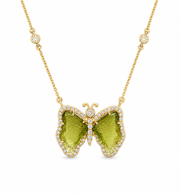 14KT YELLOW GOLD WATERMELON TOURMALINE AND DIAMONDS BUTTERFLY NECKLACE