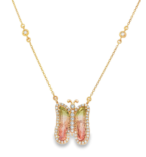 14KT YELLOW GOLD WATERMELON TOURMALINE AND DIAMONDS BUTTERFLY NECKLACE