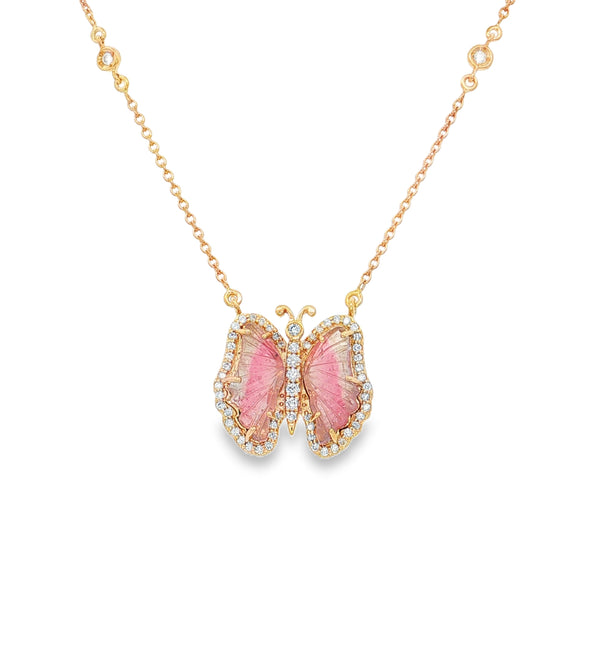 14KT YELLOW GOLD WATERMELON TOURMALINE AND DIAMONDS BUTTERFLY NECKLACE