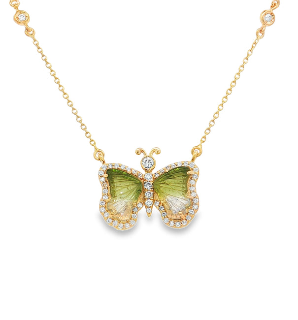 14KT YELLOW GOLD WATERMELON TOURMALINE AND DIAMONDS BUTTERFLY NECKLACE