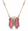 14KT YELLOW GOLD WATERMELON TOURMALINE AND DIAMONDS BUTTERFLY NECKLACE