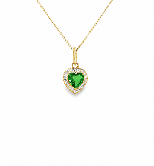 14KT YELLOW GOLD HEART PENDANT WITH GREEN SAPPHIRE AND DIAMONDS