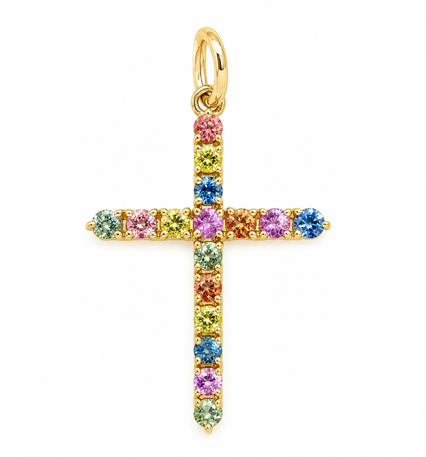 14KT GOLD MULTI SAPPHIRE CROSS PENDANT