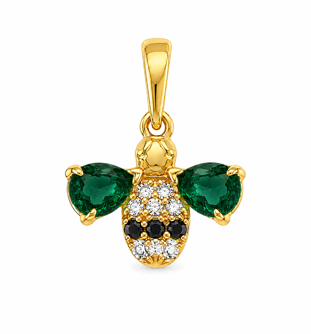 14KT YELLOW GOLD EMERALD AND DIAMONDS BEE PENDANT