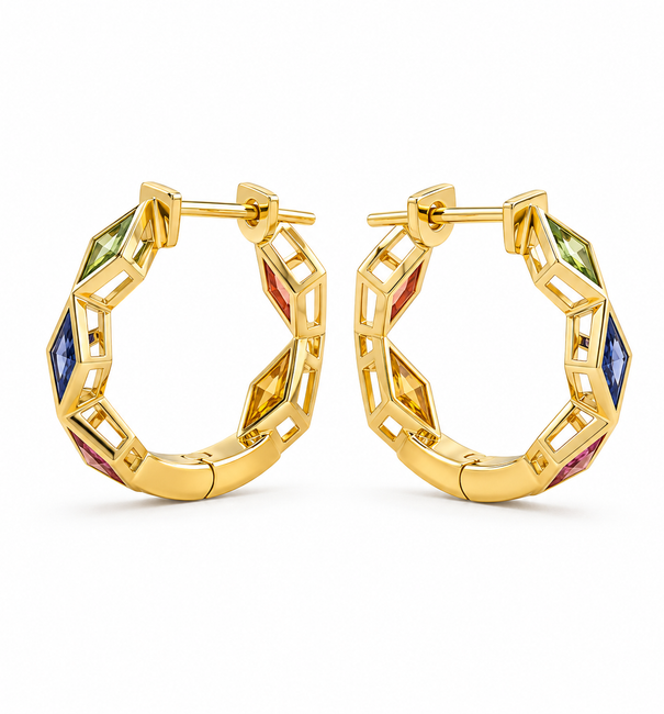 14KT YELLOW GOLD MULTI SAPPHIRE HOOP EARRINGS