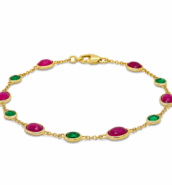 18KT YELLOW GOLD RUBY AND EMERALD STATION BRACELET