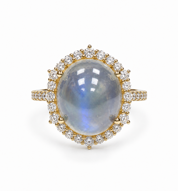 14KT YELLOW GOLD RAINBOW MOONSTONE AND DIAMONDS RING
