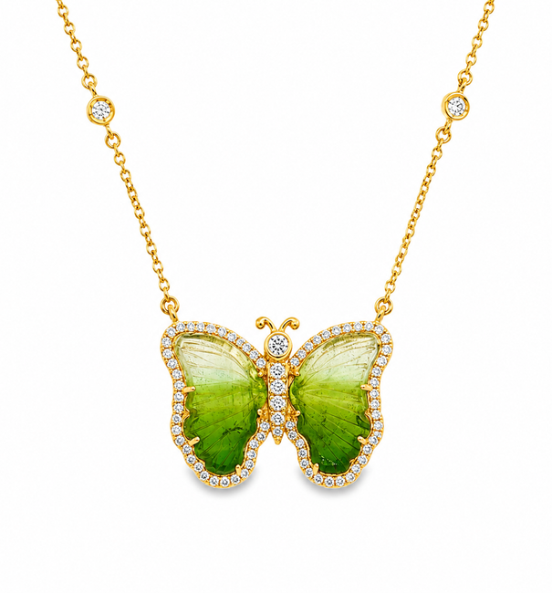 14KT YELLOW GOLD WATERMELON TOURMALINE AND DIAMONDS BUTTERFLY NECKLACE