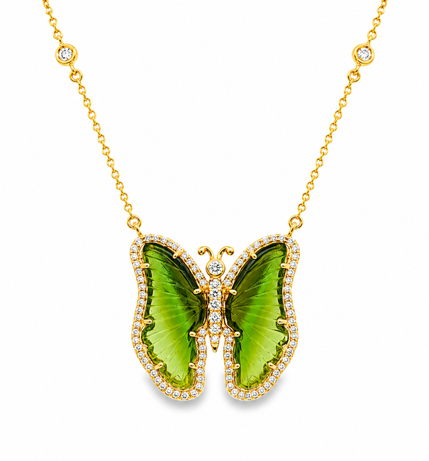 14KT YELLOW GOLD WATERMELON TOURMALINE AND DIAMONDS BUTTERFLY NECKLACE
