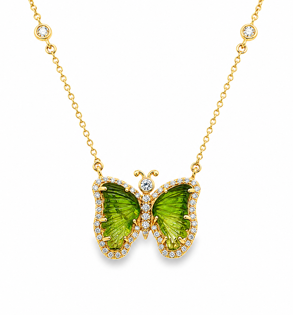 14KT YELLOW GOLD WATERMELON TOURMALINE AND DIAMONDS BUTTERFLY NECKLACE
