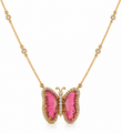 14KT YELLOW GOLD WATERMELON TOURMALINE AND DIAMONDS BUTTERFLY NECKLACE