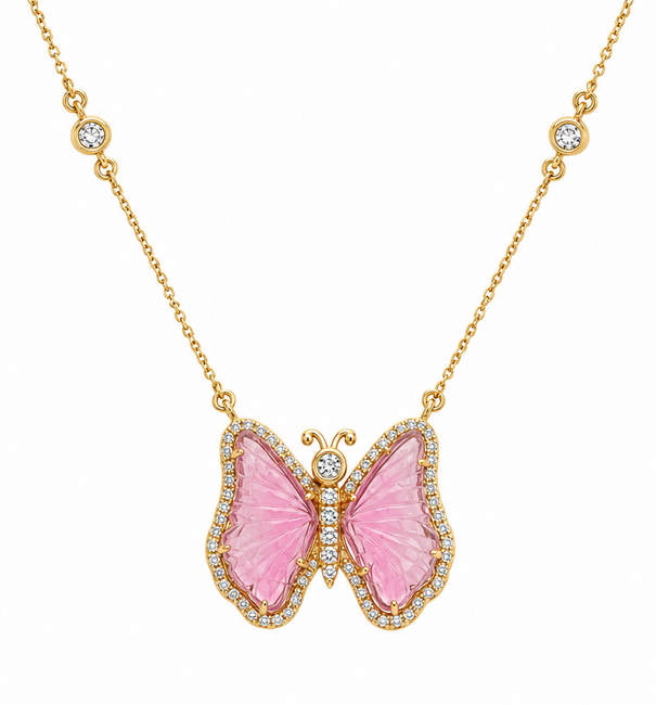 14KT YELLOW GOLD WATERMELON TOURMALINE AND DIAMONDS BUTTERFLY NECKLACE
