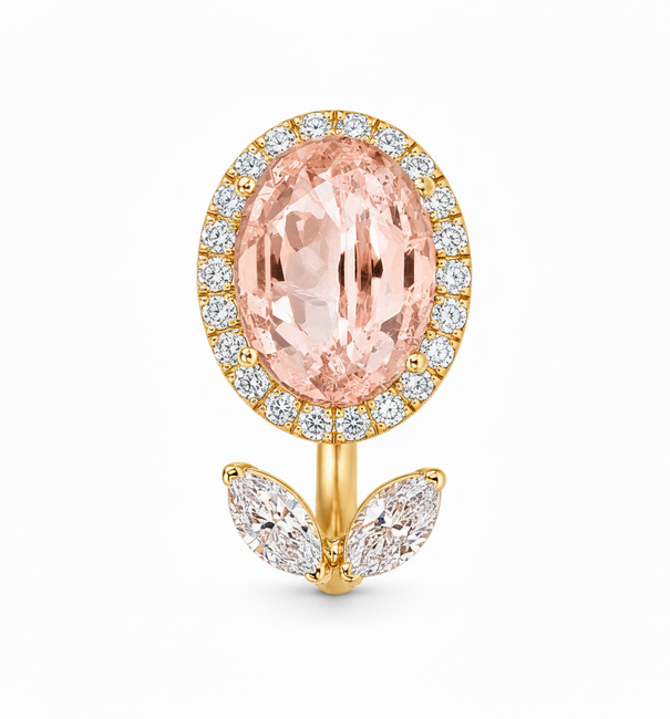 14KT YELLOW GOLD DIAMONDS AND OVAL  MORGENITE OPEN RING