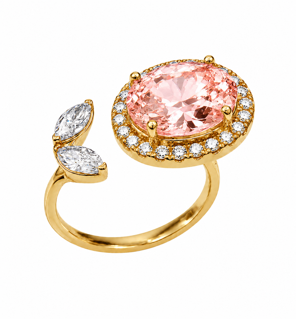 14KT YELLOW GOLD DIAMONDS AND OVAL MORGANITE OPEN RING