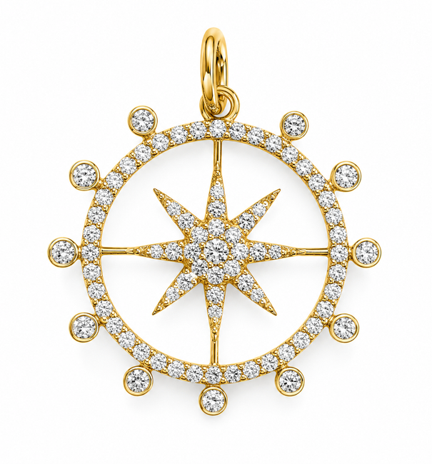 14KT YELLOW GOLD CLEAR QUARTZ AND DIAMOND STARBURST PENDANT