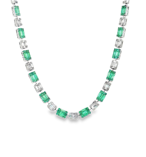 18KT WHITE GOLD EMERALD AND DIAMOND NECKLACE