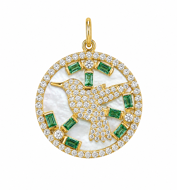 14KT YELLOW GOLD MOTHER OF PEARL EMERALD BIRD PENDANT WITH DIAMONDS (Copy)