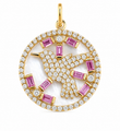 14KT YELLOW GOLD MOTHER OF PEARL PINK SAPPHIRE BIRD PENDANT WITH DIAMONDS