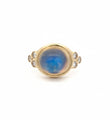 14KT YELLOW GOLD OVAL SHAPED RAINBOW MOON STONE AND DIAMOND RING